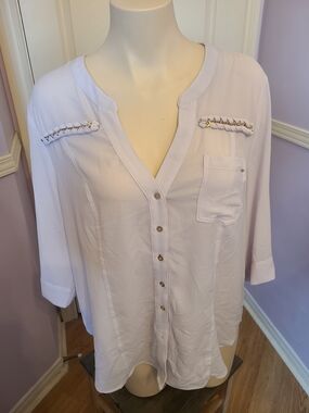 bebe White Button-Front Blouse with Gold Chain Trim